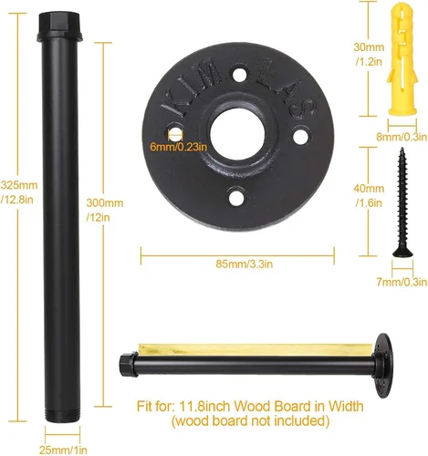 Miniatura 6 de Paquete de 6 soportes industriales para estantes de tubos de 12 pulgadas, soporte flotante de tubo de hierro de 12 pulgadas, negro resistente