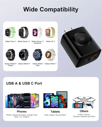 Miniatura 6 de Cargador Samsung Galaxy Watch8, cubo de carga inalámbrico 3 en 1 para Galaxy Watch Ultra 8 Classic 7 6 5, doble puerto USB C + USB A cargador rápido