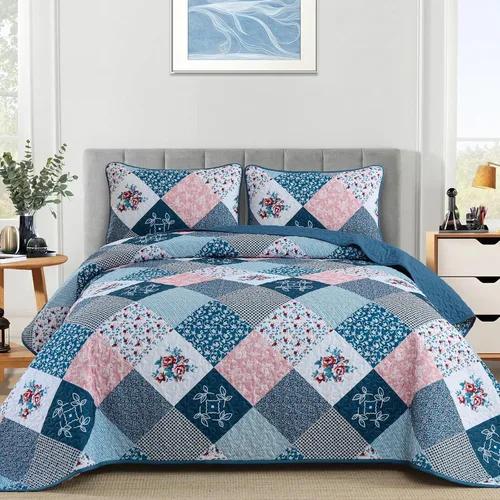 Miniatura 15 de Dinjoy Juego de edredón floral a cuadros de retazos tamaño California King, juego de ropa de cama reversible marrón de microfibra suave, colcha