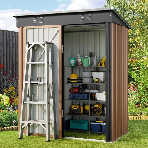 Miniatura 16 de Gizoon Cobertizo de almacenamiento para exteriores de 8 x 6 pies, cobertizo de jardín de metal galvanizado con puertas dobles con cerradura, Marrón