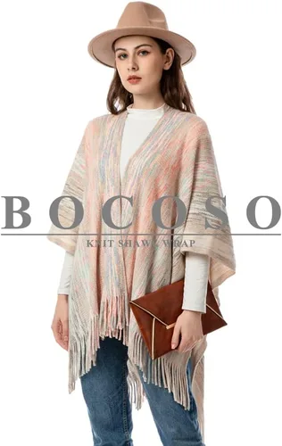 Miniatura 2 de Women's Knit Shawl Wraps, Knitted Poncho Cape Open Front Cardigan Sweater with Tassel for Spring Fall Winter