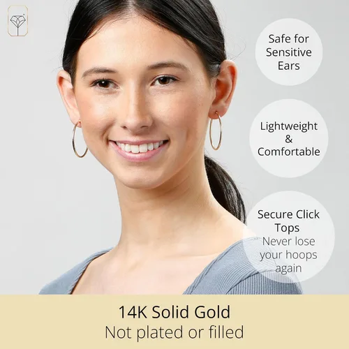 Miniatura 2 de Aretes de aro de oro macizo de 14 quilates para mujer, aretes de aro de oro amarillo o blanco de 14 quilates, aretes de oro real de 14 quilates