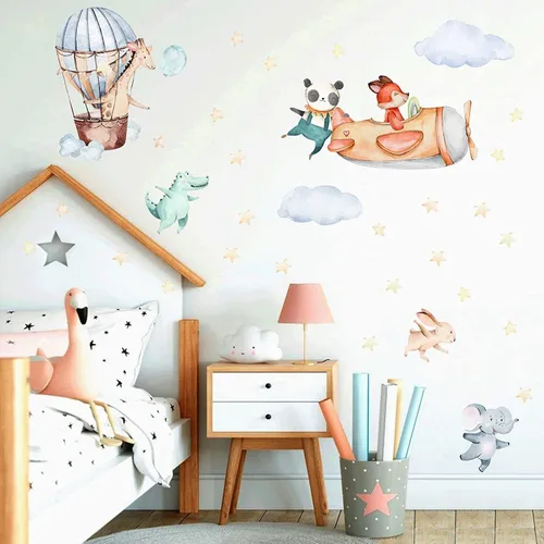 Miniatura 3 de TOARTI Calcomanía de pared de animales de avión, colorida calcomanía de pared para habitación de bebé, animales de dibujos animados para habitación