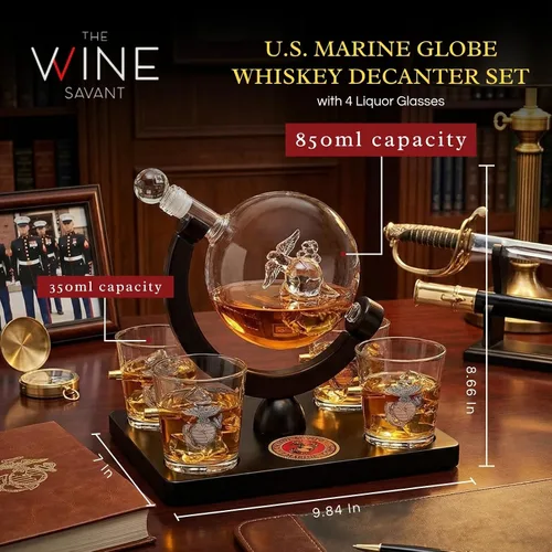 Miniatura 2 de U.S. Marine Globe - Juego de decantador de whisky con 4 vasos de licor, juego de regalo USMC con base de madera de caoba y emblema, regalos USMC