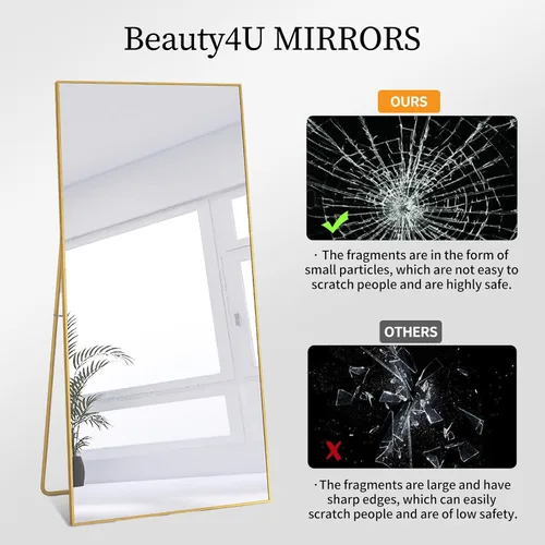 Miniatura 4 de Beauty4U Espejo grande de longitud completa de 71 x 32 pulgadas con soporte, espejo dorado de cuerpo completo, marco de metal, espejo templado