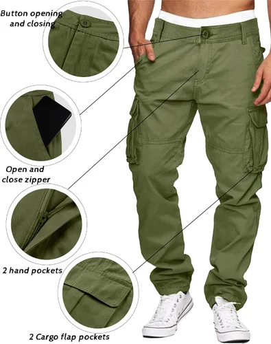 Miniatura 4 de LVCBL Pantalones cargo para hombre, de algodón, ajuste relajado, con múltiples bolsillos para hombre