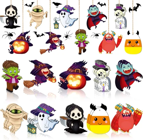 Gerrii 40 adornos de Halloween de madera para decoración de árbol de Halloween, calabaza, fantasma, bruja, esqueleto, mini adornos colgantes con