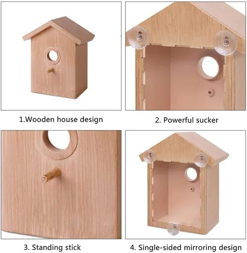Miniatura 5 de Ochine Casa para pájaros con ventosa fuerte, casa de pájaros de madera, ventana transparente, comedero para pájaros al aire libre, jaula para nido
