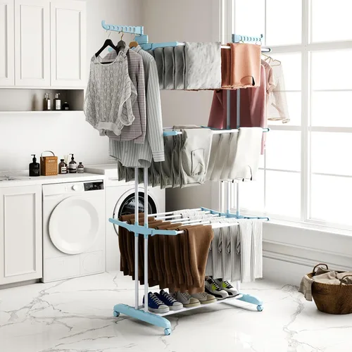 Tangkula Escurridor de ropa plegable de 4 niveles, estante de secado de gran tamaño con ruedas bloqueables y marco de metal a prueba de óxido, Azul