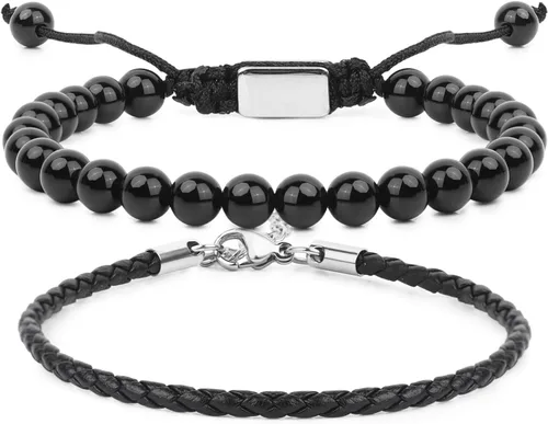 Miniatura 19 de Pulseras de cuentas negras para hombres y niños: 0.236 in de obsidiana ónix cuentas de lava para hombre conjunto de pulseras para hombre - Genial