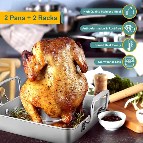 Miniatura 4 de P&P CHEF Soporte para Pollo con Lata de Cerveza con Juego de Bandeja para Asar, Molde Cuadrado de Acero Inoxidable de 9 Pulgadas y Rejilla