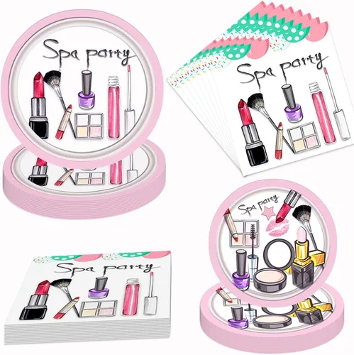 Juego de platos y servilletas para fiesta de spa, decoración de fiesta de cumpleaños, juego de vajilla temática de salón de spa para niños y niñas,