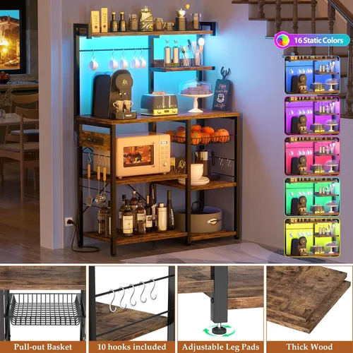 Miniatura 5 de Aheaplus Estante de panadería con toma de corriente y tiras de luces LED, soporte para horno de microondas, estante de almacenamiento de cocina