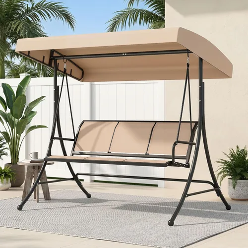 Miniatura 9 de Tangkula 3 Person Porch Swing, Patio Swing with Adjustable Canopy, Heavy-Duty Frame, Breathable Fabric, Outdoor Swing for Porch, Garden, Backyard
