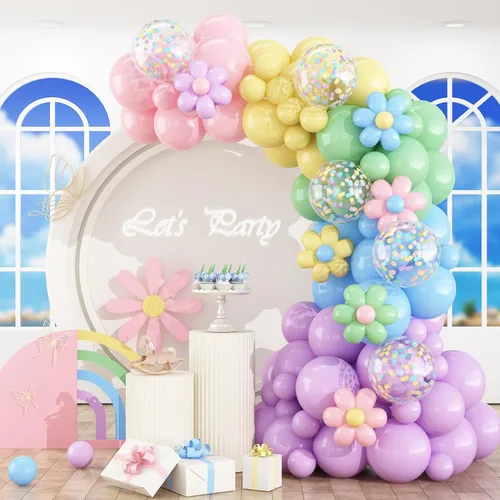 HILAVO Kit de Arco de Globos Pastel Macaron Rosa Azul Verde Morado Amarillo Color Pastel Arcoíris Confeti Globos de Látex Guirnalda para Pascua