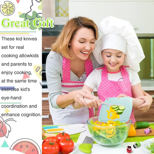 Miniatura 7 de Juego de cuchillos para niños, juego de cuchillos seguros para niños pequeños, cuchillos seguros para cocina real, bordes dentados, utensilios