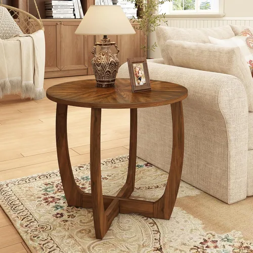 PADMA HOUSE Mesa auxiliar redonda de madera con patas curvas, mesa auxiliar circular de tambor con mesa de copo de nieve, mesa auxiliar de sofá de