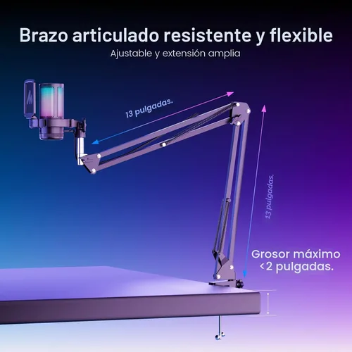 Miniatura 8 de MAONO Micrófono USB para juegos, Micrófono condensador con cancelación de ruido con silencio, ganancia, monitoreo, micrófono de brazo de boom