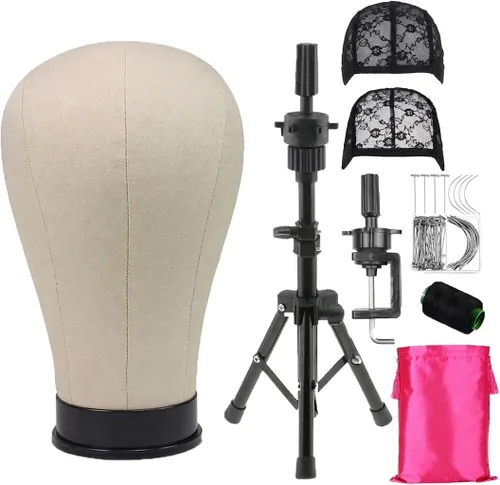 Cabeza de lona de maniquí con mini trípode ajustable para pelucas, bricolaje, exhibición de salón, pines en T y pines en C incluidos (22 pulgadas,