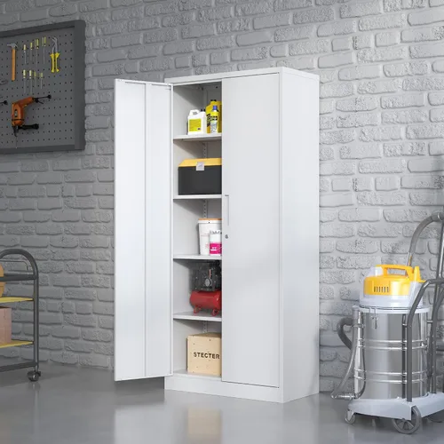 Miniatura 2 de Armario de almacenamiento de metal con estantes ajustables, armario de herramientas de garaje con 2 puertas con cerradura para oficina, hogar, Blanco