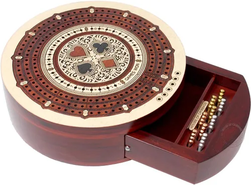Miniatura 9 de House of Cribbage - Tabla de cuna de 3 pistas de forma redonda no continua - Almacenamiento de cajones para clavijas y 1 baraja de cartas con campos