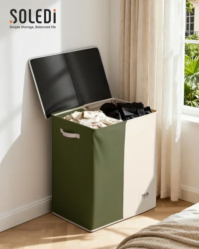 Miniatura 8 de SOLEDI Cesta de lavandería grande doble con tapa, cesta de ropa plegable de 2 secciones con bolsas extraíbles, cesta de lavandería que ahorra