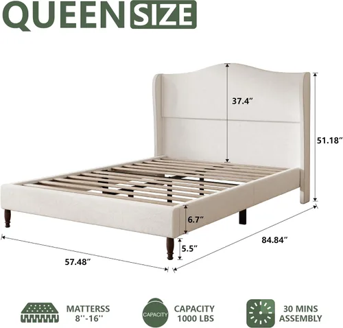 Miniatura 2 de Base de cama tapizada tamaño Queen, cabecera de tela de felpilla de 51 pulgadas de alto con diseño clásico de alas curvadas, patas de madera maciza