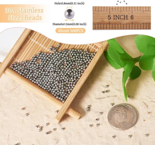 Miniatura 3 de 500 cuentas redondas de acero inoxidable 304 de 0.079 in (0.079 in), pequeñas cuentas espaciadoras sueltas de metal para hacer pulseras, collares