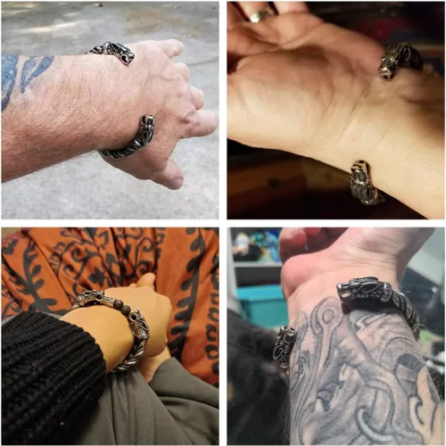 Miniatura 4 de TURTLEDOVE Brazalete con cabeza de lobo vikingo Fenrir - Torca ajustable de acero inoxidable nórdico escandinavo
