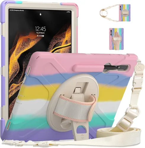 Miniatura 8 de Funda a prueba de golpes para Galaxy Tab S8 Ultra de 14.6 pulgadas 2022, funda resistente con cinturón de mano giratorio de 360°, correa de hombro