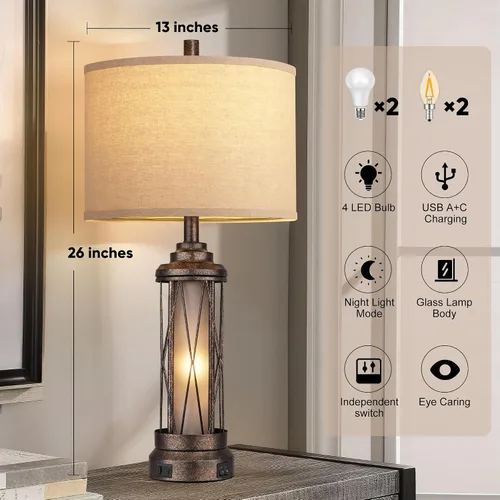 Miniatura 4 de QiMH Lámparas de mesa Farmhouse para sala de estar, lámparas rústicas de mesita de noche para dormitorio con puertos de carga USB A+C, lámpara