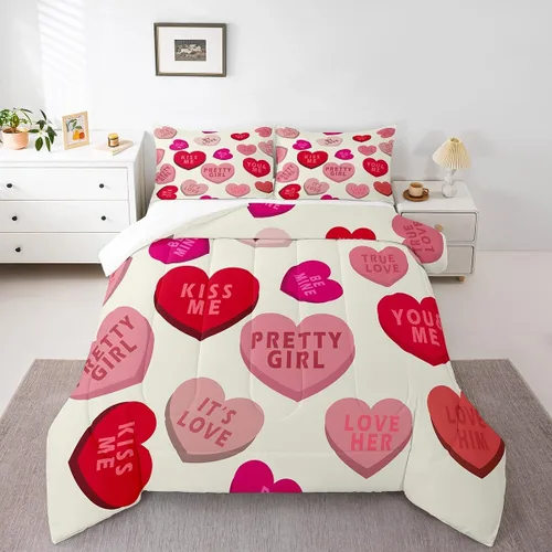 Miniatura 15 de Juego de edredón para el día de San Valentín, tamaño individual, ropa de cama romántica de gnomo para niños y niñas, pareja, con corazón rojo