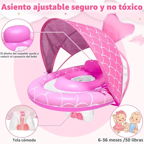 Miniatura 4 de Flotador para bebé con toldo para edades de 6 a 36 meses, protección solar UPF50+, toldo ajustable de 4 etapas, doble cámara de aire, asiento