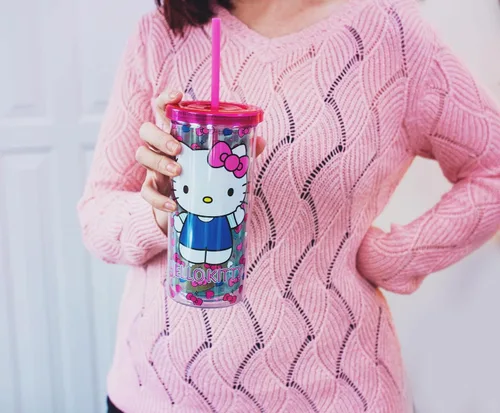 Miniatura 4 de Sanrio - Taza de carnaval de Hello Kitty con popote reutilizable y tapa a prueba de fugas, vaso frío de plástico para bebidas de té con leche Boba