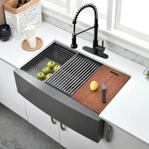 Miniatura 2 de Estación de trabajo de fregadero de granja de acero inoxidable negro de 30 pulgadas - Bokaiya Fregadero de granja de cocina frontal con delantal