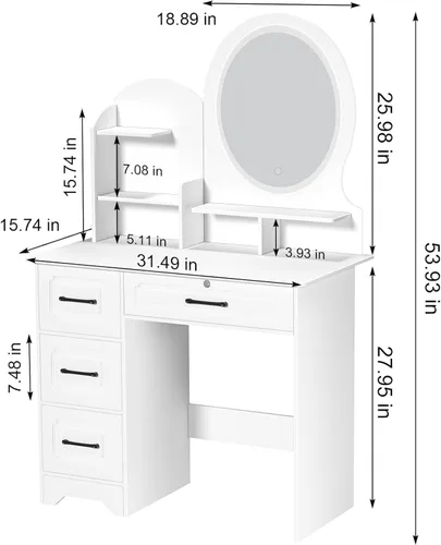 Miniatura 2 de Pequeño escritorio de maquillaje con espejo LED deslizante y almacenamiento oculto, juego de mesa de tocador con cajón de almacenamiento y silla