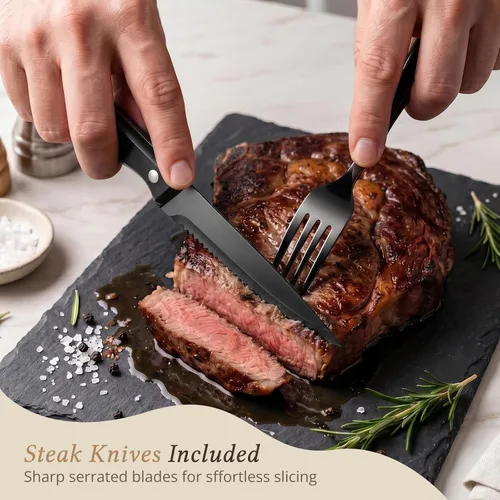 Miniatura 6 de Hiware Juego de cubiertos negros de 48 piezas para cubiertos de acero inoxidable 18/10 con tenedores, cuchillos, cucharas, cuchillos para carne