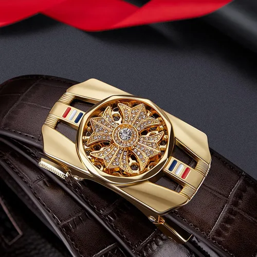 Miniatura 4 de Cinturón de trinquete para hombre cinturón de cuero con hebilla automática de aleación tendencia a la moda con caja de regalo