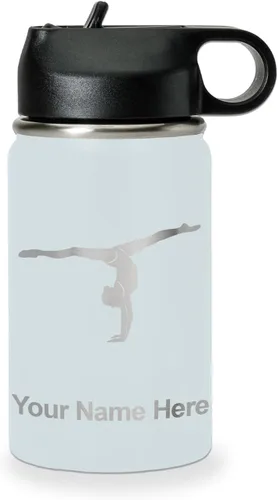 Miniatura 66 de LaserGram Botella de agua personalizada, gimnasta niña, acero inoxidable de doble pared aislada al vacío con popote superior, regalo grabado Azul