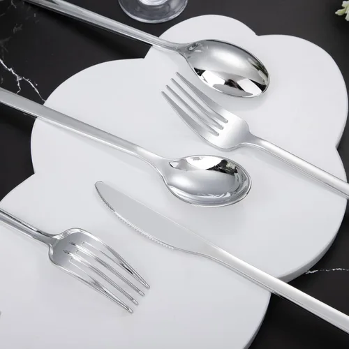 Miniatura 6 de DaYammi 150 cubiertos de plástico plateado, cubiertos desechables plateados resistentes que incluyen: 50 tenedores de plástico, 50 cucharas