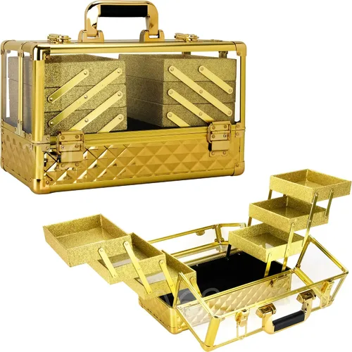 Miniatura 12 de Ver Beauty Estuche de tren de maquillaje de diamante negro con 6 bandejas de acordeón, organizador de cosméticos con cerradura