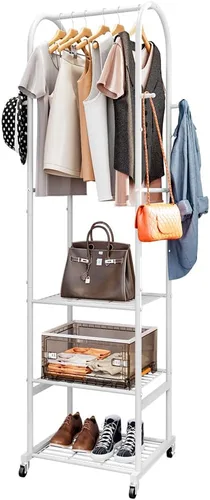 Miniatura 8 de SUOERNUO Perchero con ruedas y estantes de metal de 3 niveles, perchero para colgar ropa con 4 ganchos, organizador de armario para espacios
