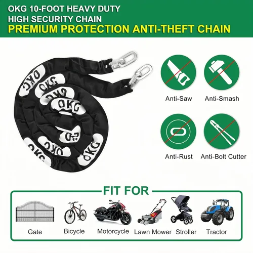 Miniatura 3 de OKG Cadena de seguridad resistente, 10 pies x 5/16 pulgadas (0.315 in) de grosor, cadena de motocicleta antirrobo y a prueba de cortes con junta