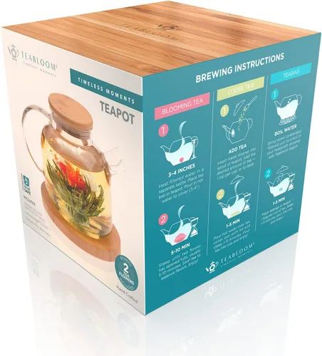 Miniatura 5 de Teabloom Tetera de vidrio segura para estufa con tapa de bambú (40 onzas/40.6 fl oz) + boquilla de filtro de té de hojas sueltas + 2 tés