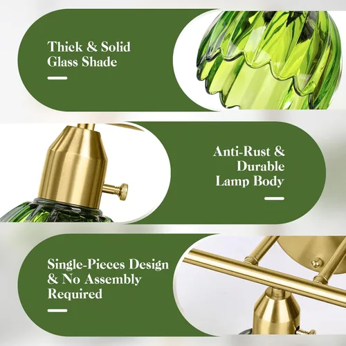 Miniatura 4 de Lámparas de baño – Luces de tocador doradas de 3 luces con pantalla de cristal de tulipán verde, accesorio de iluminación de baño de latón sobre Oro