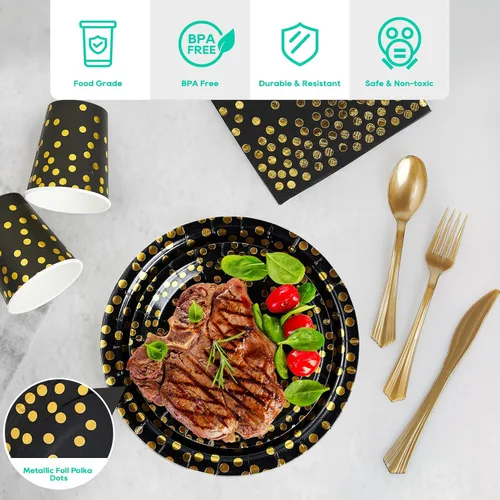 Miniatura 3 de Suministros de fiesta negros y dorados, juego de vajilla desechable de 350 piezas, platos de papel negro, servilletas, vasos, tenedores de plástico