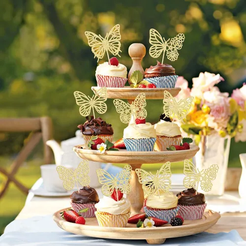 Miniatura 4 de Gyufise Paquete de 24 adornos de mariposa ensamblados con purpurina dorada, decoraciones de mariposa dorada, púas para cupcakes, bodas, 4-dorado