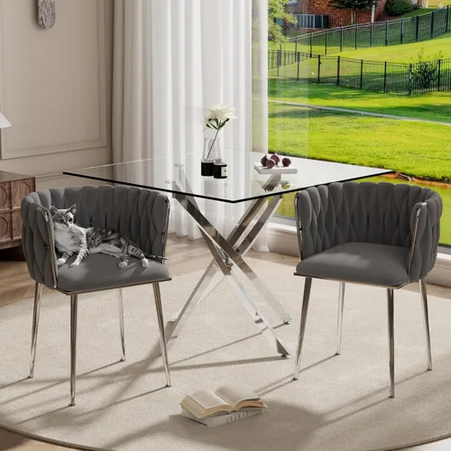 Miniatura 9 de RGZ Juego de mesa de cocina cuadrada minimalista moderna de 3 piezas, mesa de comedor de vidrio transparente con sillas tejidas negras, juego de 2