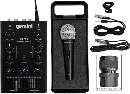 Audiosavings Paquete: Gemini MM1 Mezclador de DJ de 2 canales de audio profesional de bolsillo con paquete de ecualización de 2 bandas con Rockville