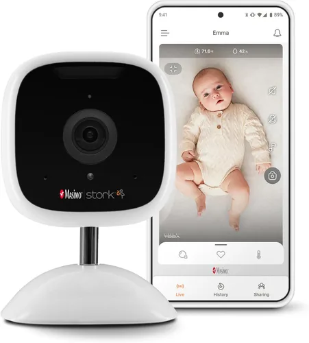 Stork Masimo - Cámara de monitor para bebé, color blanco - QHD-Hires 24 horas, zoom in/out, audio de 2 vías, alertas de estado de la habitación,
